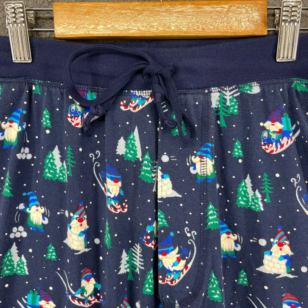 Lands End Gnome Skiing Christmas‎ Pajama Pants Joggers Navy Blue Size L 36 38